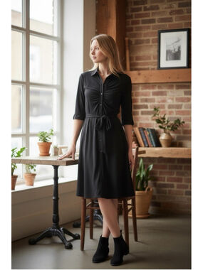 Laundry By Shelli Segal Black Shirt Dress With Tie Waist Collared V-Neck Size 6